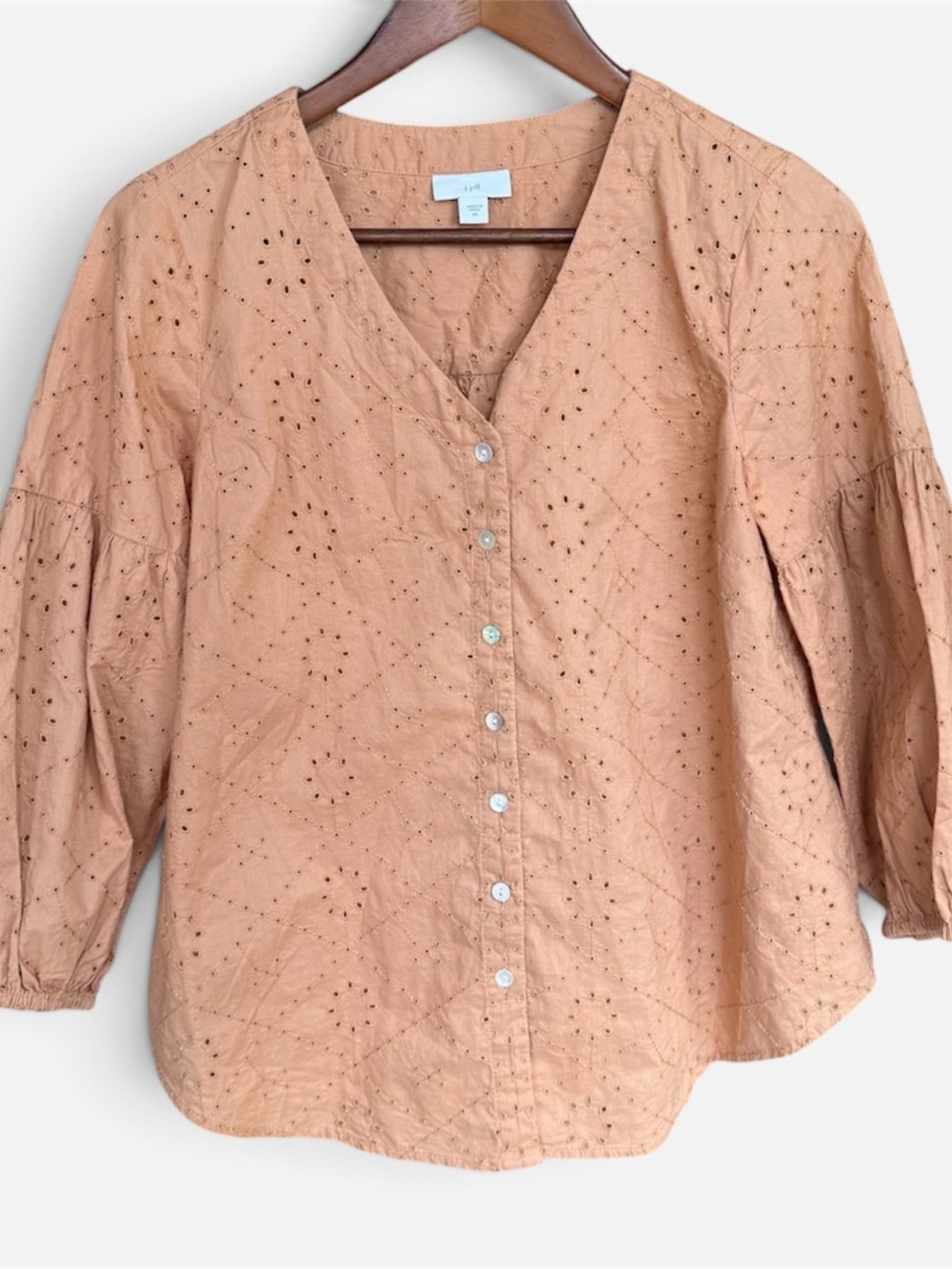 J. Jill Burnt Orange Rust Cotton Eyelet V-Neck Boho Puff Sleeve Blouse Top XS